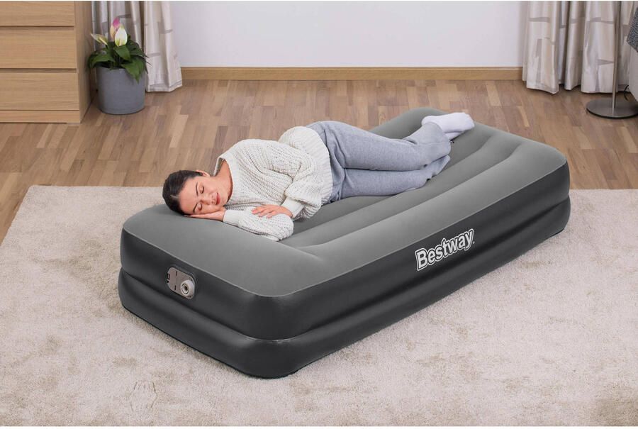 Bestway Luchtbed 1 Persoons Luchtmatras 191 x 97 x 46 cm met Ingebouwde Pomp en Leegloopventiel Tritech Materiaal Behoud zijn Vorm Kampeer Accessoires Zwart Grijs - Foto 2