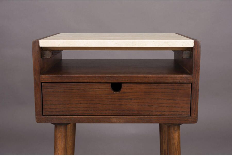 Dutchbone Nachtkastje Arda Walnoot en travertin Met 1 lade Bruin - Foto 3