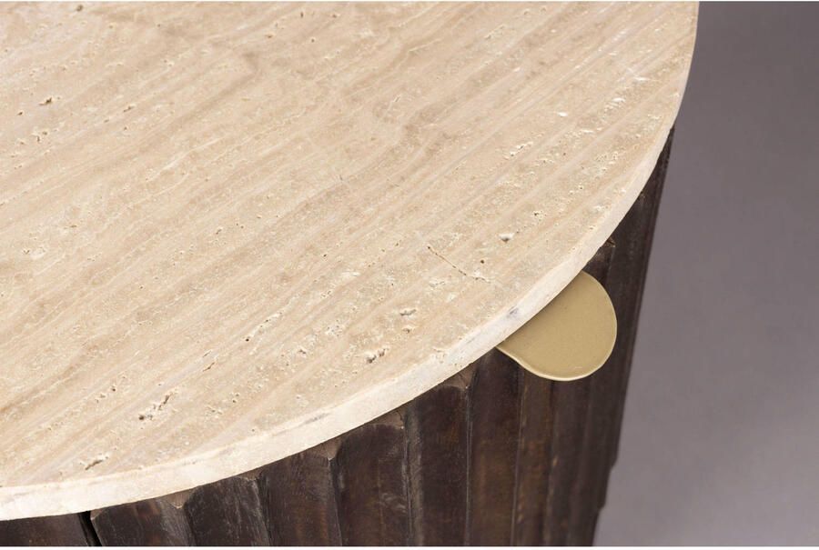 Dutchbone Bijzettafel Nachtkastje Marlow Mangohout en Travertin Bruin Rond - Foto 2