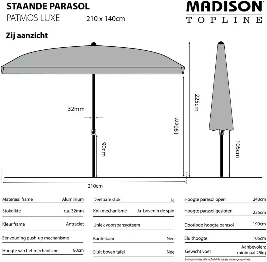 Madison Parasol Patmos 210x140 Grijs