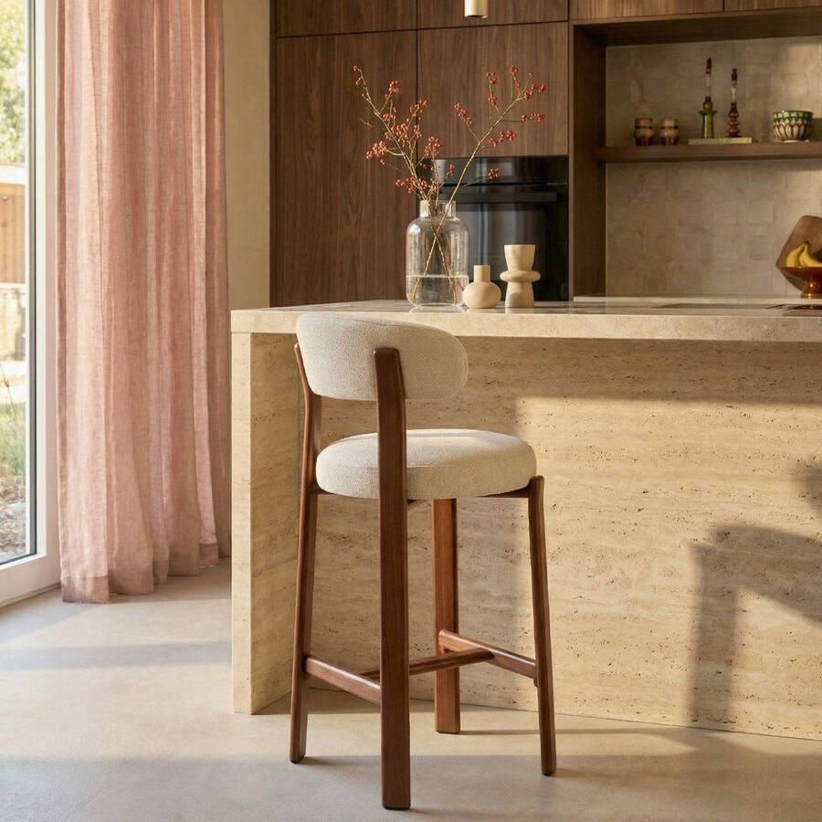 Giga Meubel Barstoel Märsta Beige Walnoot Stof Zithoogte 67cm Set van 2 - Foto 2