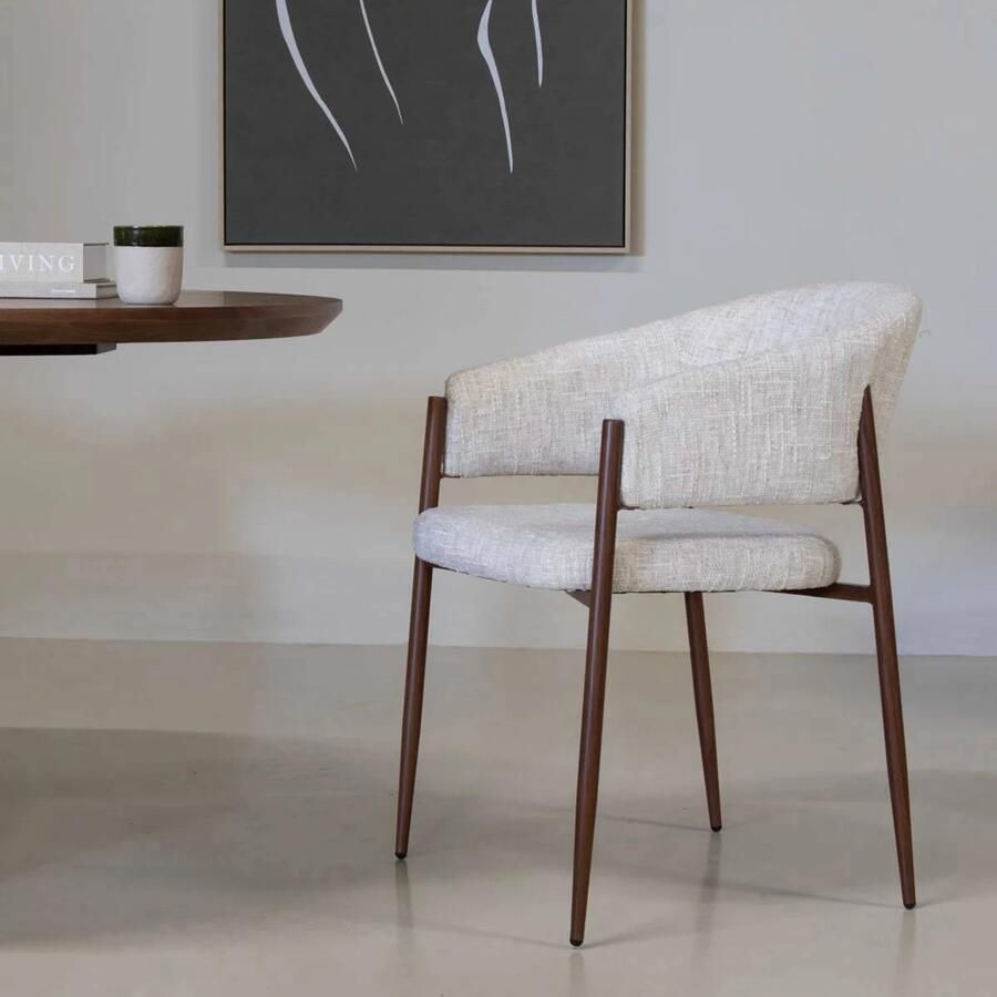 DÉJA Living Eetkamerstoel Elvia Beige Walnoot Stof Set van 2 - Foto 2