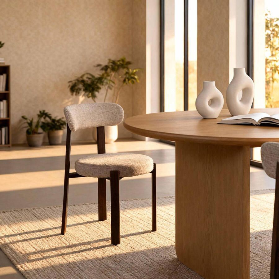 Déja Living DÉJA Living Eetkamerstoel Lagan Beige Walnoot Stof Set van 2 - Foto 3