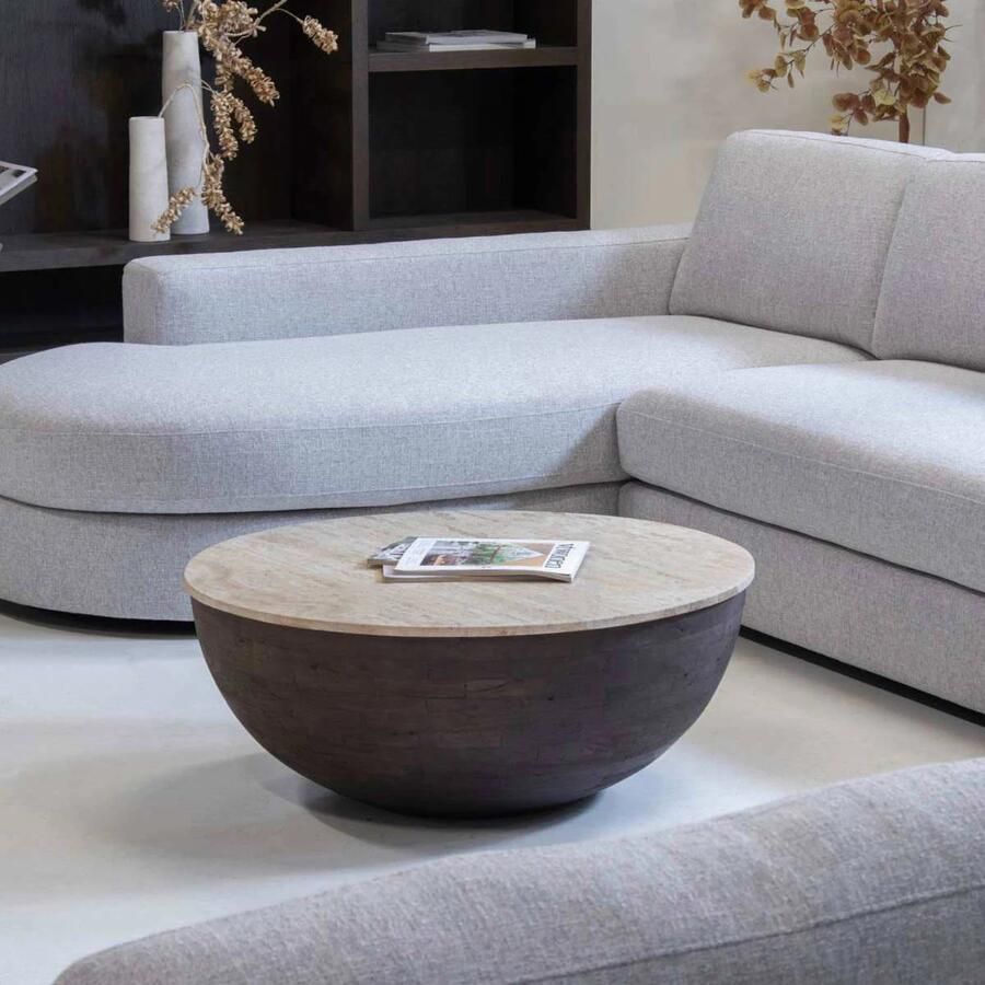 Giga Meubel Salontafel Aiden Rond Travertin Hout Donkerbruin 90x90x38cm - Foto 3