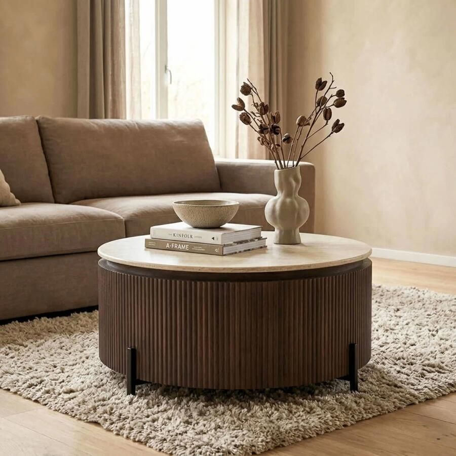 Giga Meubel Salontafel Celia Rond Walnoot Travertinlook 110x110x35cm - Foto 2