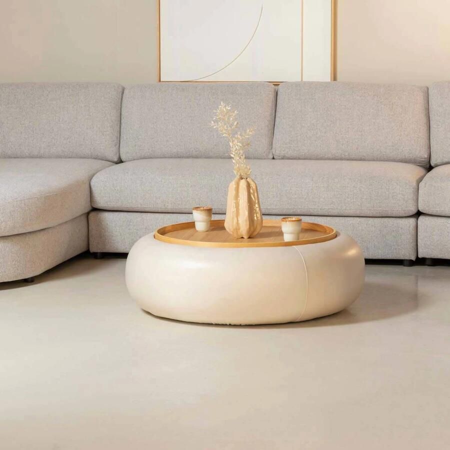DÉJA Living Salontafel Beige PU Leer|Essen Fineer Ø102x34cm Draby - Foto 2