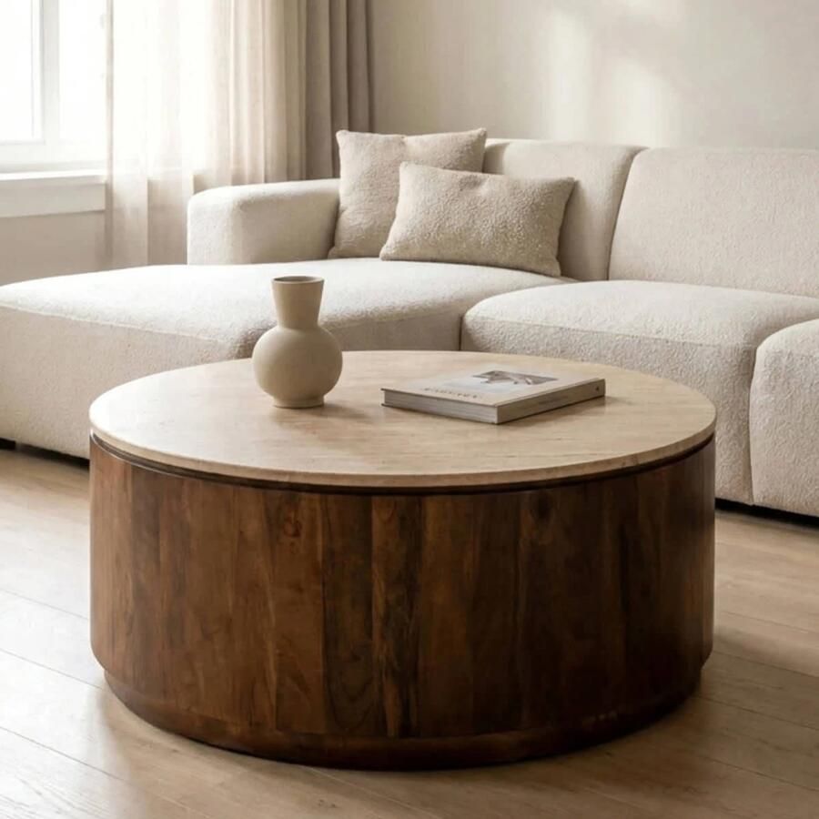 Giga Meubel Salontafel Elan Rond Travertin Walnoot 90x90x35cm - Foto 3