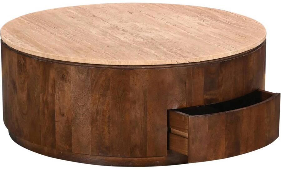 Giga Meubel Salontafel Elan Rond Travertin Walnoot 90x90x35cm Incl. Lades - Foto 2