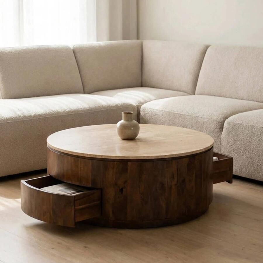 Giga Meubel Salontafel Elan Rond Travertin Walnoot 90x90x35cm Incl. Lades - Foto 3