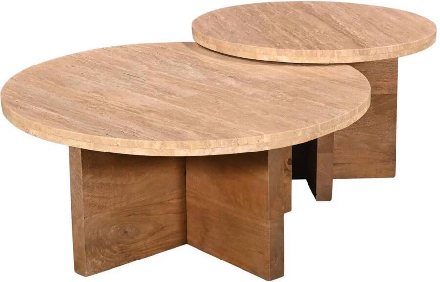 Giga Meubel Salontafel Leno Rond Travertin Hout Naturel Set van 2 - Foto 2