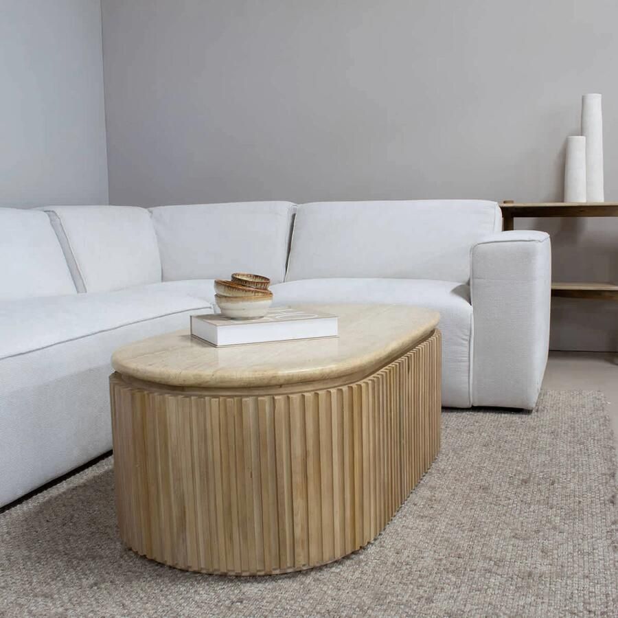 Giga Meubel Salontafel Sven Ovaal Travertin Hout Naturel 120x60x40cm - Foto 3