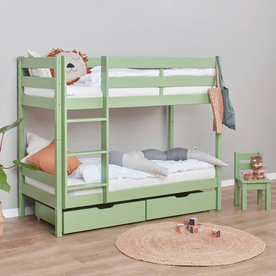 Hoppekids ECO Comfort stapelbed 70x160 cm met lattenbodem bleekgroen ECO-gecertificeerd FSC-hout Massief Grenenhout Lak op Waterbasis Gemaakt in de EU 10 jaar Fabrieksgarantie