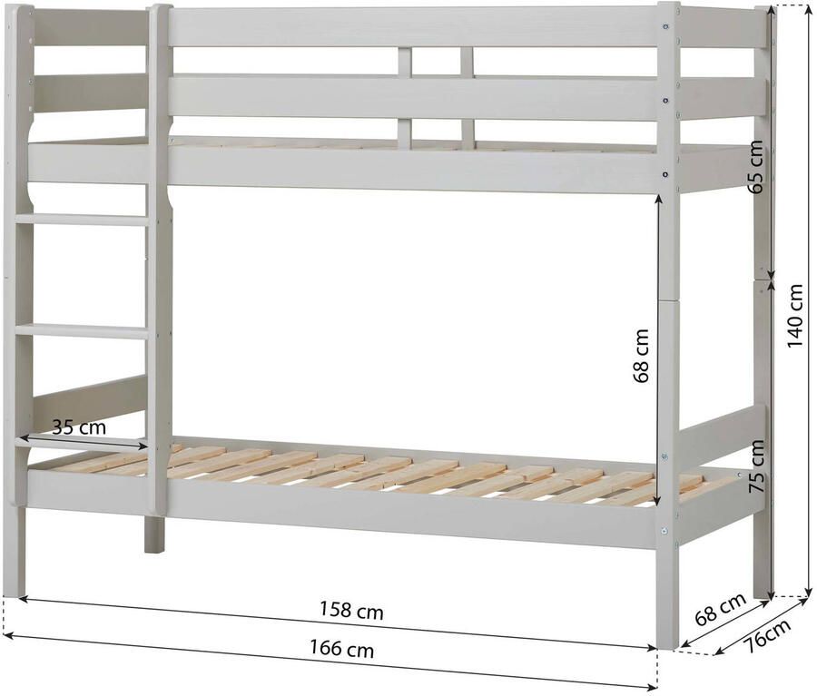 Hoppekids ECO Comfort stapelbed 70x160 cm met lattenbodem Duif Grijs ECO-gecertificeerd FSC-hout Massief Grenenhout Lak op Waterbasis Gemaakt in de EU 10 jaar Fabrieksgarantie