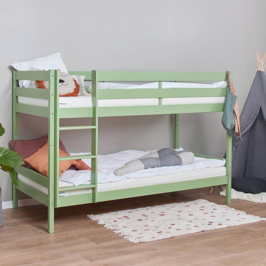 Hoppekids ECO Comfort stapelbed 90x200 cm met lattenbodem bleekgroen ECO-gecertificeerd FSC-hout Massief Grenenhout Lak op Waterbasis Gemaakt in de EU 10 jaar Fabrieksgarantie