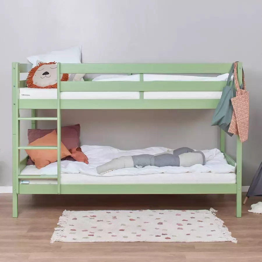 Hoppekids ECO Comfort stapelbed 90x200 cm met lattenbodem bleekgroen ECO-gecertificeerd FSC-hout Massief Grenenhout Lak op Waterbasis Gemaakt in de EU 10 jaar Fabrieksgarantie