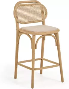 Kave Home Doriane 65 cm height solid oak stool with natural finish and upholstered seat