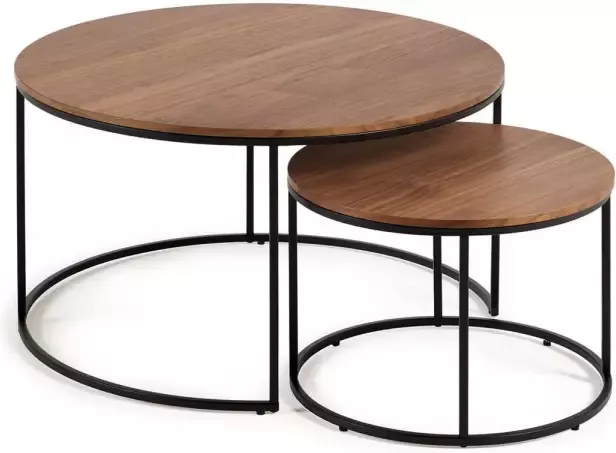 Kave Home Yoana set van 2 bijzettafels in walnootfineer en zwart gelakt metaal Ø 80 cm Ø 50 cm