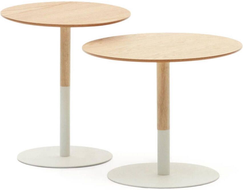 Kave Home Watse set van 2 bijzettafels in eikenhoutfineer en mat wit metaal Ø 40 cm Ø 48 cm - Foto 4