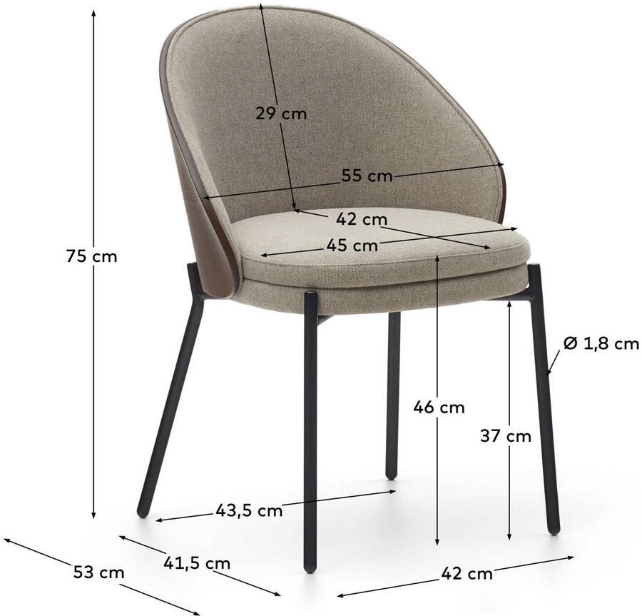 Kave Home Eamy stoel in lichtbruin chenille en in essenhoutfineer met wengé afwerking en zwart metaa - Foto 2