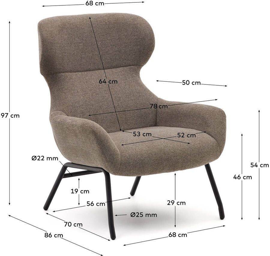 Kave Home Belina-fauteuil van lichtbruine chenille en staal met zwarte afwerking - Foto 2
