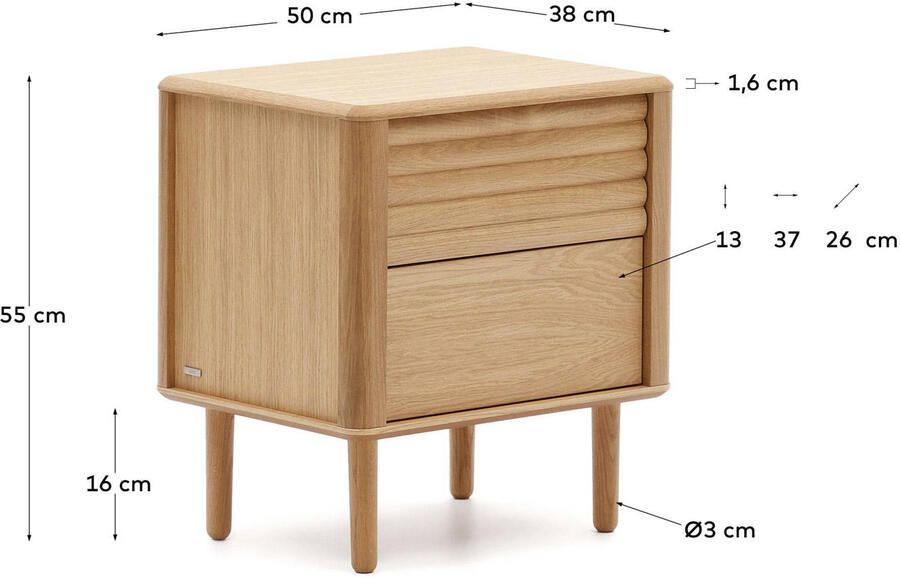 Kave Home Nachtkastje Lenon 2 laden in hout en eikenfineer 50 x 55 cm FSC MIX Krediet - Foto 3