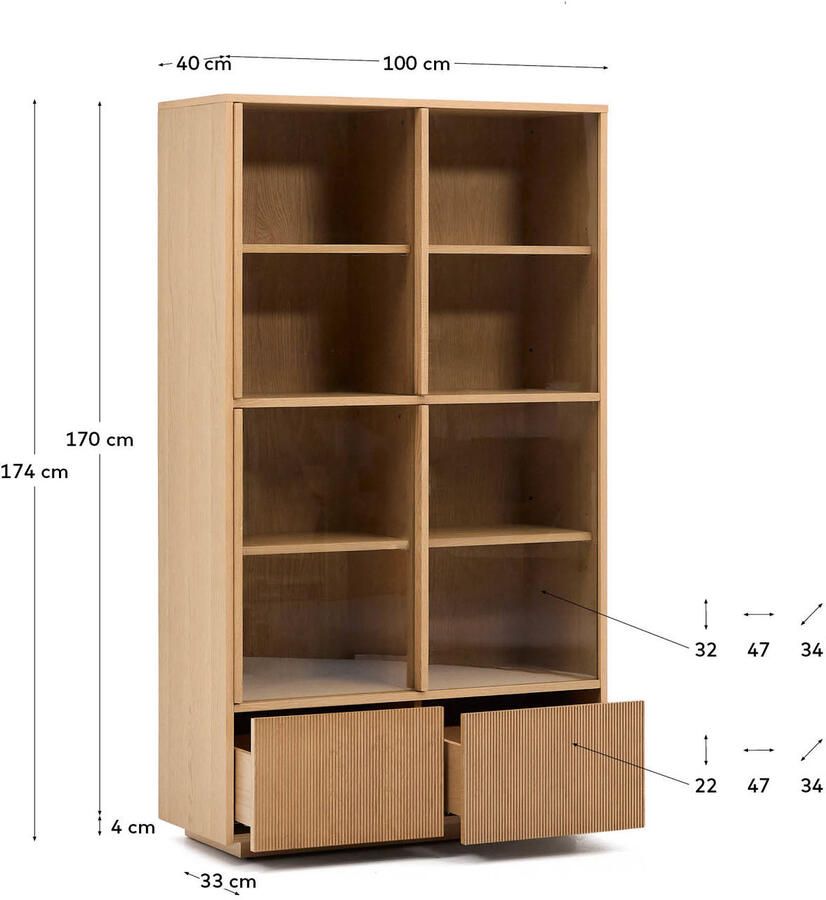 Kave Home Vitrinekast Helvine Eiken en glas 174 x 100cm Bruin
