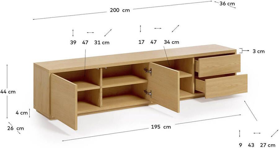 Kave Home Abilen TV-meubel met 2 deuren en 2 laden in eikenfineer 200 x 44 cm 100% FSC - Foto 2