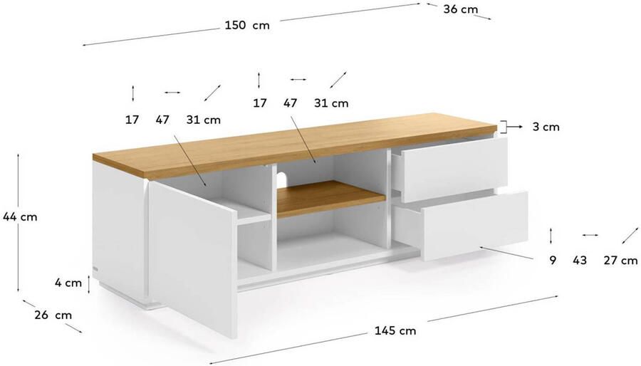 Kave Home Abilen wit gelakt tv-meubel van eikenfineer met 1 deur & 2 lades 150 x 44 cm FSC 100% - Foto 3