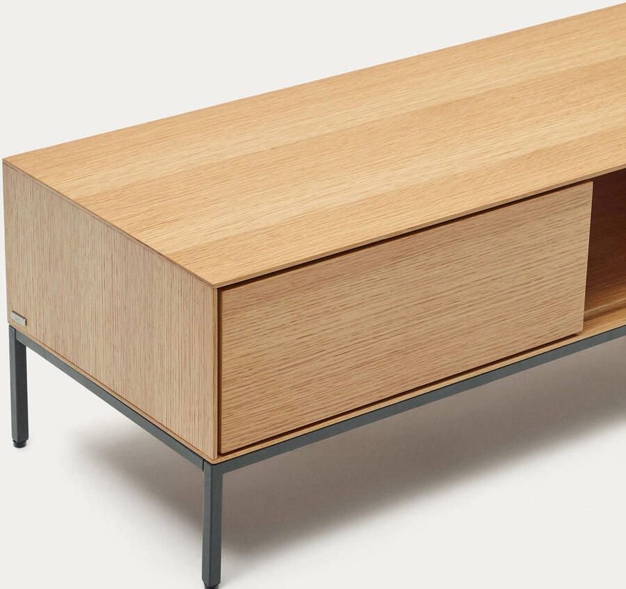 Kave Home Vedrana TV-meubel met 3 laden in eikenfineer met stalen poten 195 x 35 cm - Foto 3