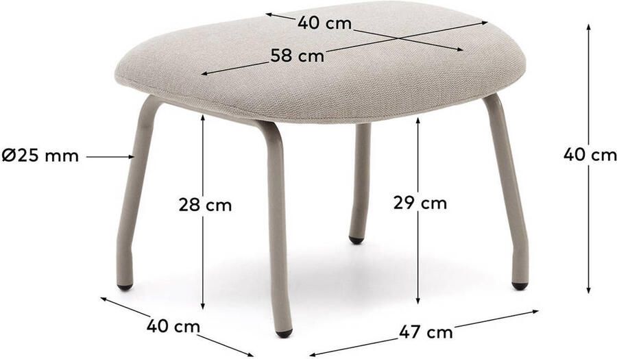 Kave Home Belina-voetenbankje van beige chenille met voetsteun en staal met witte afwerking - Foto 2