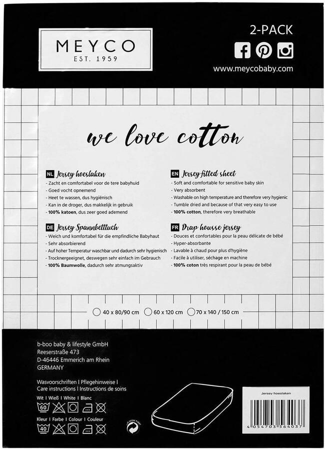 Meyco katoenen jersey hoeslaken co-sleeper 50x90 cm (set van 2) wit