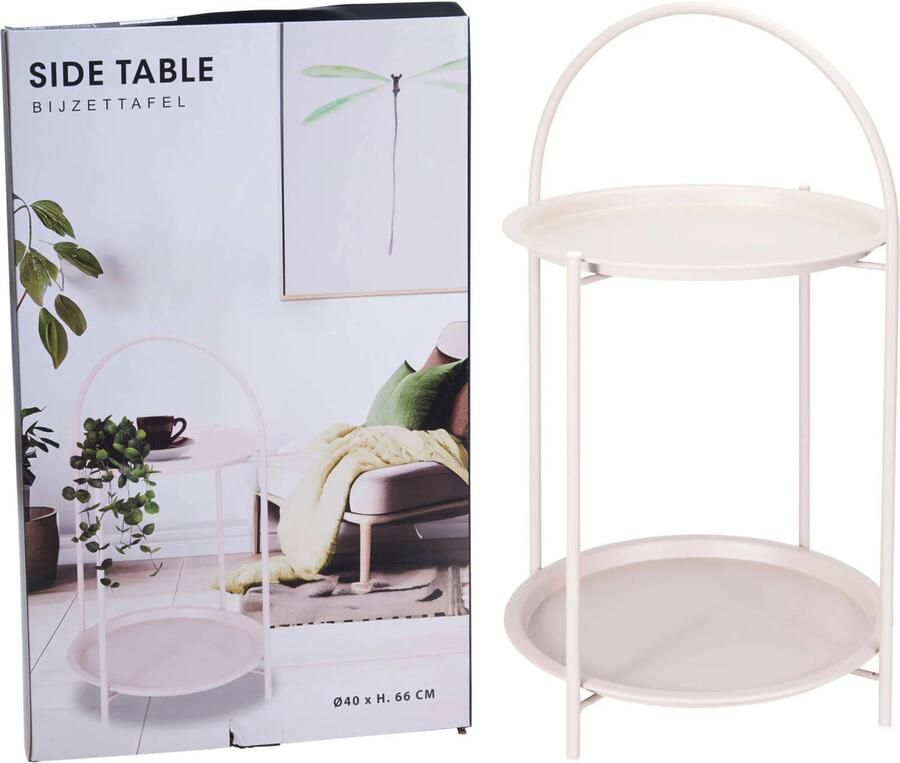 Home & Styling Bijzettafel 2 laags beige metaal 40 x 66 cm plantenpot verhoger binnen buiten - Foto 2