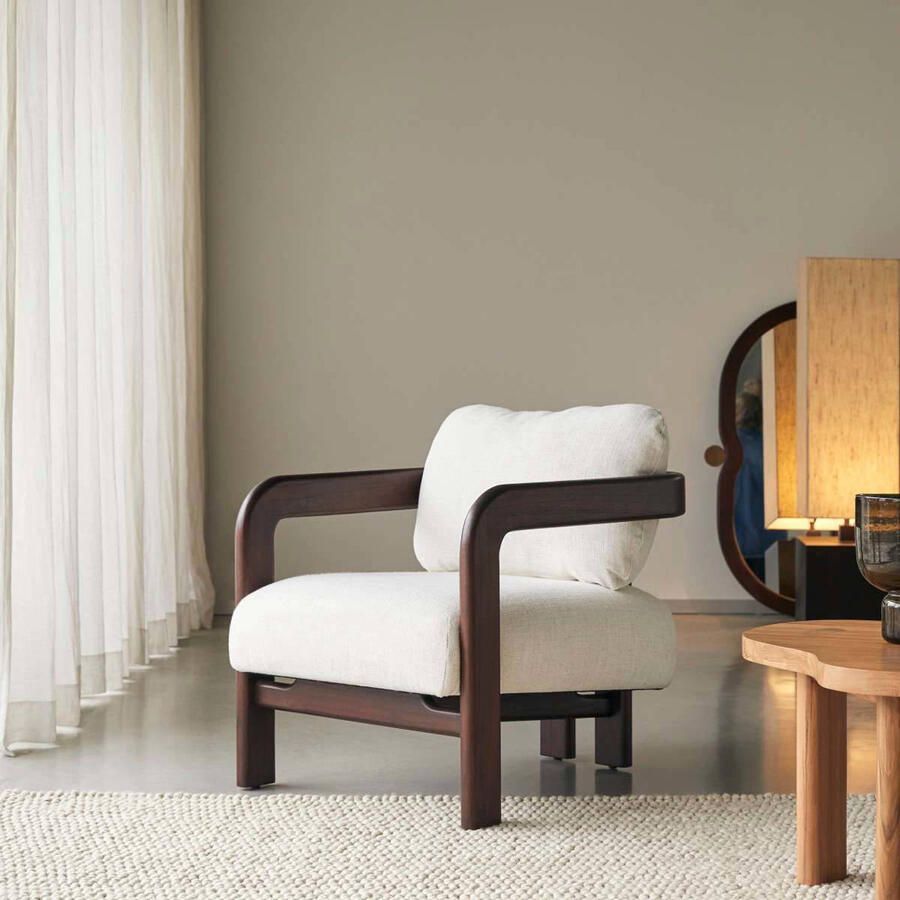 Tikamoon Fauteuil in massief mindihout en ecru bouclé stof Charlie 1-zit
