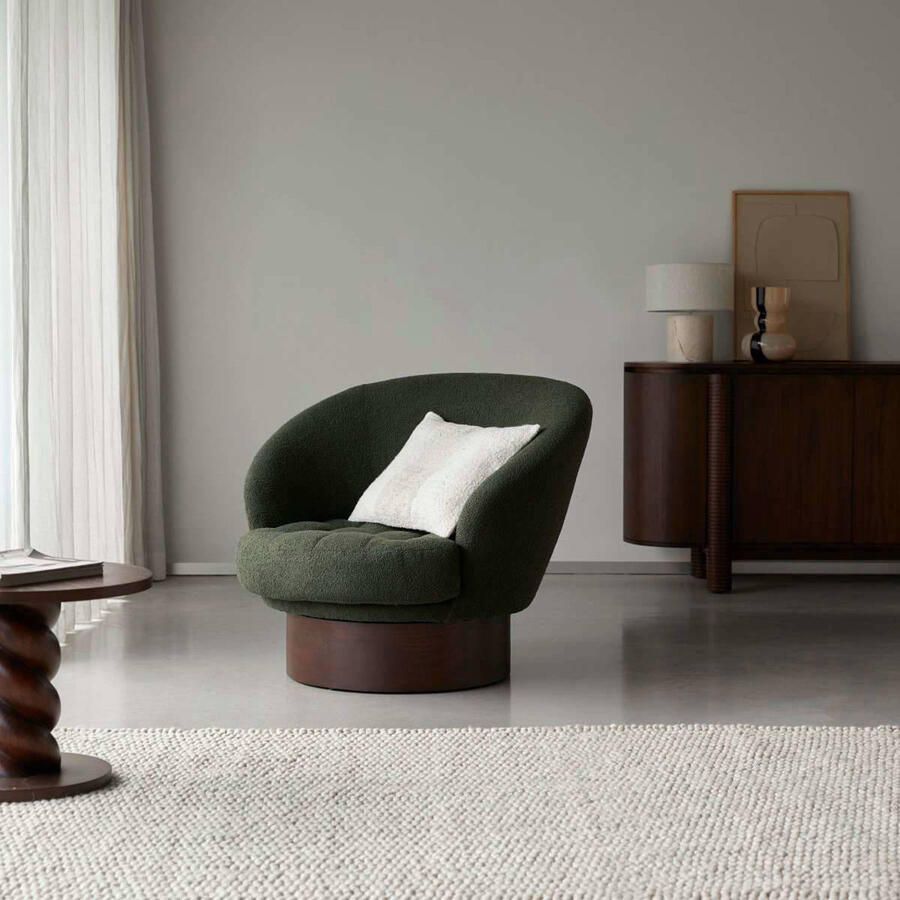 Tikamoon Fauteuil in massief mindihout en groene bouclé stof Ines 1-zit
