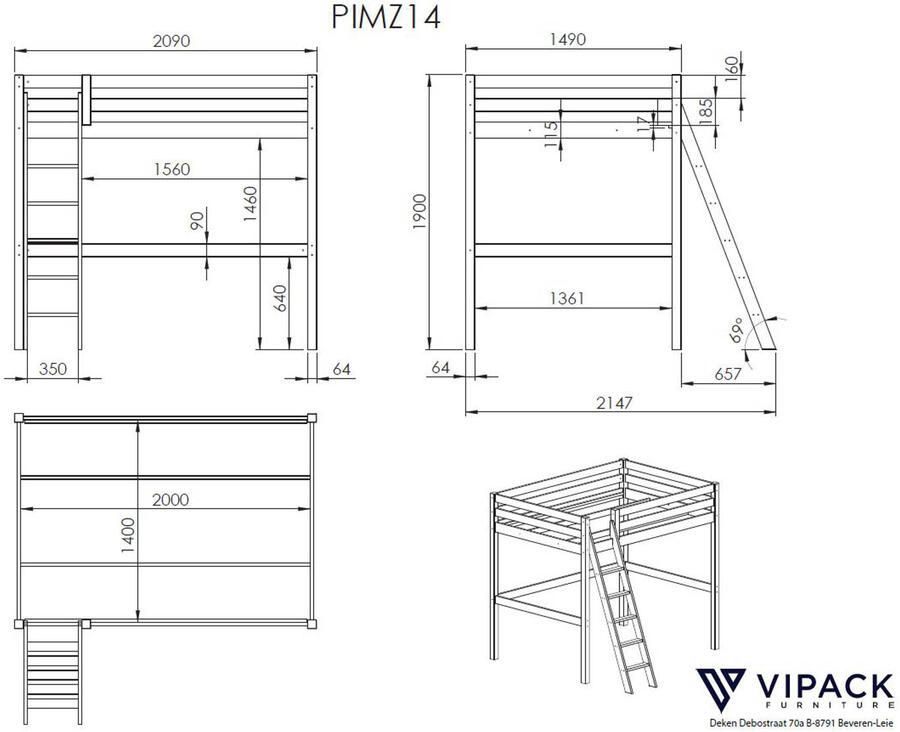 Vipack Hoogslaper Pino Mezzanine 140 x 200 cm grijs - Foto 3