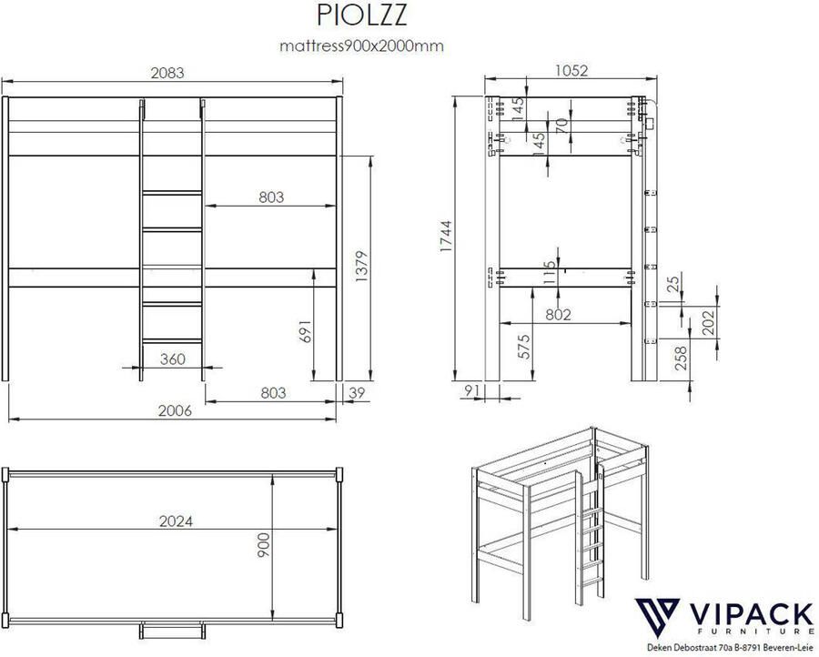 Vipack Hoogslaper PINO met schrijfblad en rek