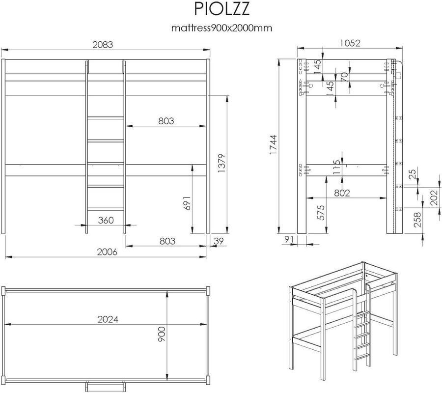 Vipack hoogslaper Lena met bureau 2 legplanken