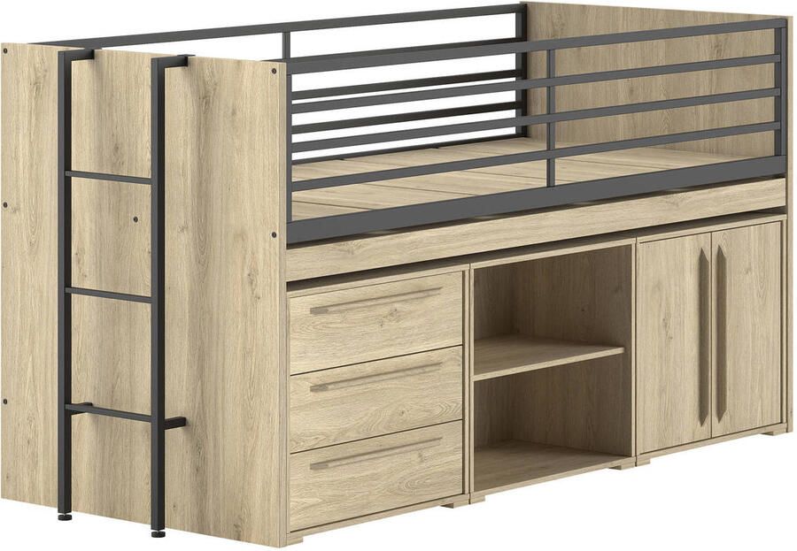 Vipack Halfhoogslaper Sammie 90x200cm met bureau en opbergruimte eikdecor - Foto 4