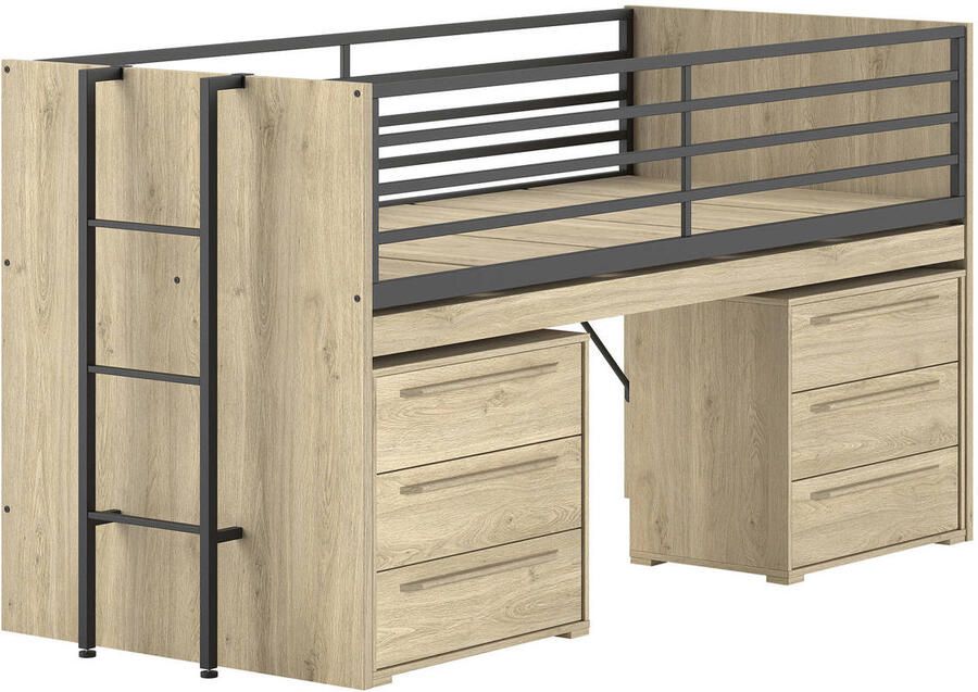 Vipack EMOB Halfhoogslaper Sammie 90x200cm met bureau en ladekasten eikdecor Kinderbedden met uitvalbeveiliging Bruin Metaal; Spaanplaat Kinderbedden met uitvalbeveiliging Eenpersoons Halfhoogslaper Op voorraad - Foto 4