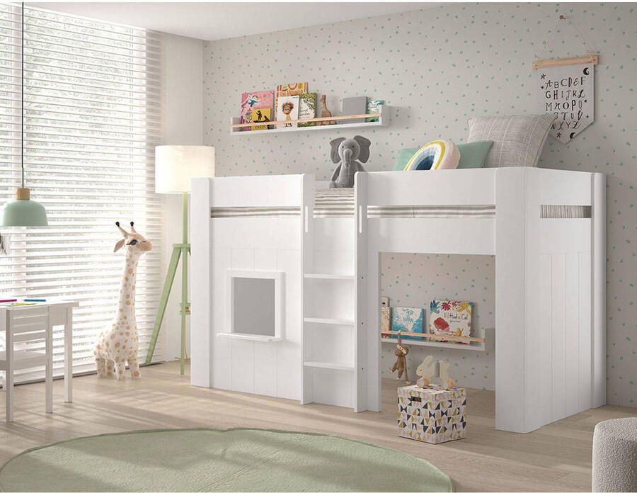 Vipack EMOB Halfhoogslaper Reno met speelhuisje 206x104x120 cm Wit Kinderbedden met uitvalbeveiliging Wit MDF Kinderbedden met uitvalbeveiliging Eenpersoons Halfhoogslaper Op voorraad - Foto 3