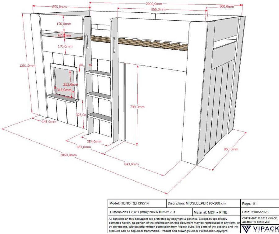 Vipack EMOB Halfhoogslaper Reno met speelhuisje 206x104x120 cm Wit Kinderbedden met uitvalbeveiliging Wit MDF Kinderbedden met uitvalbeveiliging Eenpersoons Halfhoogslaper Op voorraad
