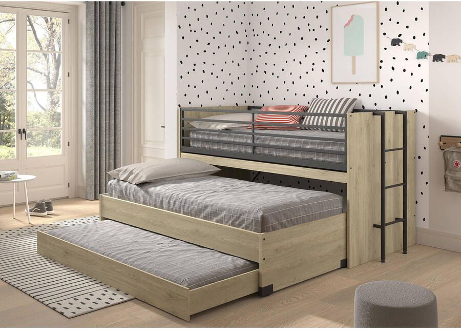 Vipack EMOB Halfhoogslaper Sammie 90x200cm met 2 slaapplaatsen bedlade en bureau eikdecor Kinderbedden met uitvalbeveiliging Bruin Metaal; Spaanplaat Kinderbedden met uitvalbeveiliging Eenpersoons Halfhoogslaper Op voorraad