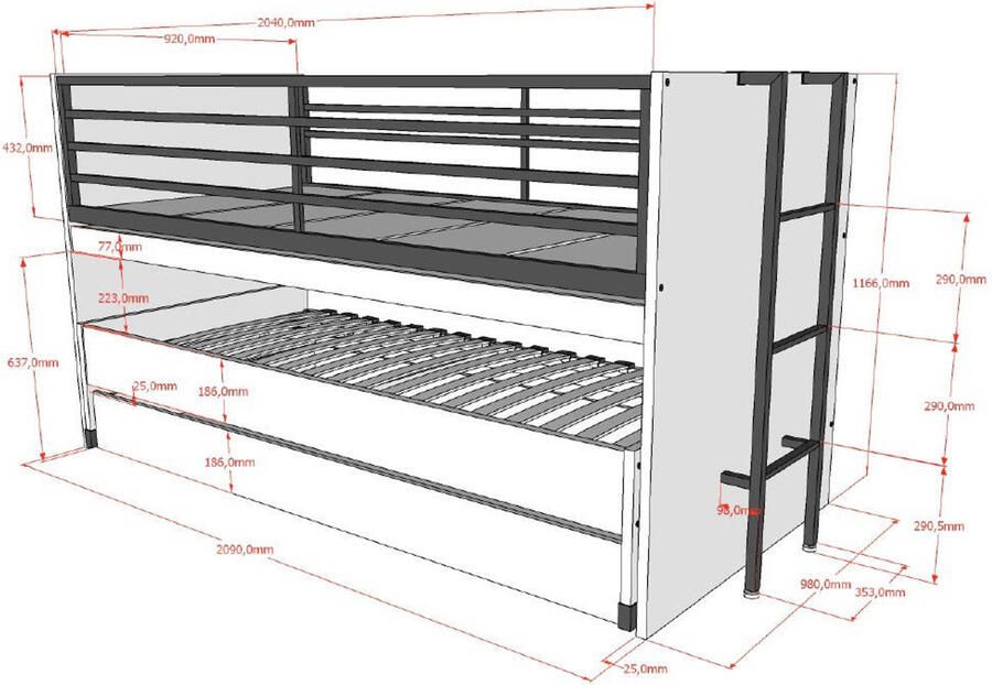 Vipack EMOB Halfhoogslaper Sammie 90x200cm met 2 slaapplaatsen bedlade en bureau eikdecor Kinderbedden met uitvalbeveiliging Bruin Metaal; Spaanplaat Kinderbedden met uitvalbeveiliging Eenpersoons Halfhoogslaper Op voorraad - Foto 2