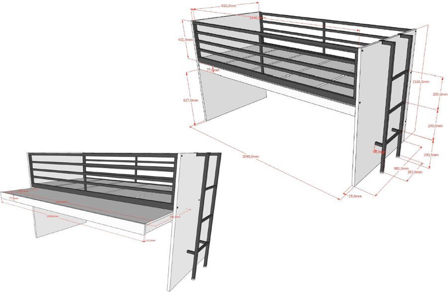 Vipack EMOB Halfhoogslaper Sammie 90x200cm met bureau eikdecor Kinderbedden met uitvalbeveiliging Bruin Metaal; Spaanplaat Kinderbedden met uitvalbeveiliging Eenpersoons Halfhoogslaper Op voorraad - Foto 4