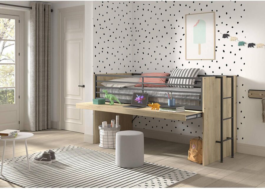 Vipack EMOB Halfhoogslaper Sammie 90x200cm met bureau eikdecor Kinderbedden met uitvalbeveiliging Bruin Metaal; Spaanplaat Kinderbedden met uitvalbeveiliging Eenpersoons Halfhoogslaper Op voorraad - Foto 2