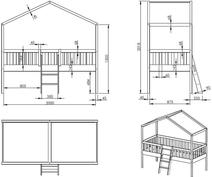Vipack Kinderbed Dallas 90x200cm Halfhoogslaper Kajuitbed Bed als Huis Peuterbed Ledikant Bedframe Wit