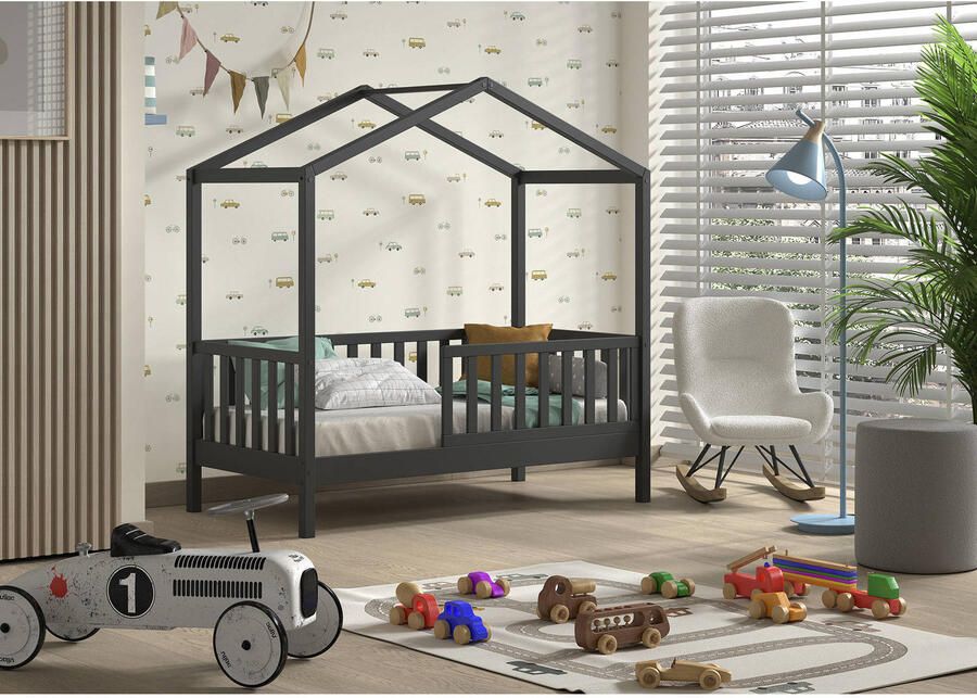 Vipack EMOB Kinderbed Dallas 70x140 cm antraciet massief grenen Kinderbedden met uitvalbeveiliging Antraciet Hout Kinderbedden met uitvalbeveiliging Eenpersoons Normaal bed Op voorraad - Foto 6