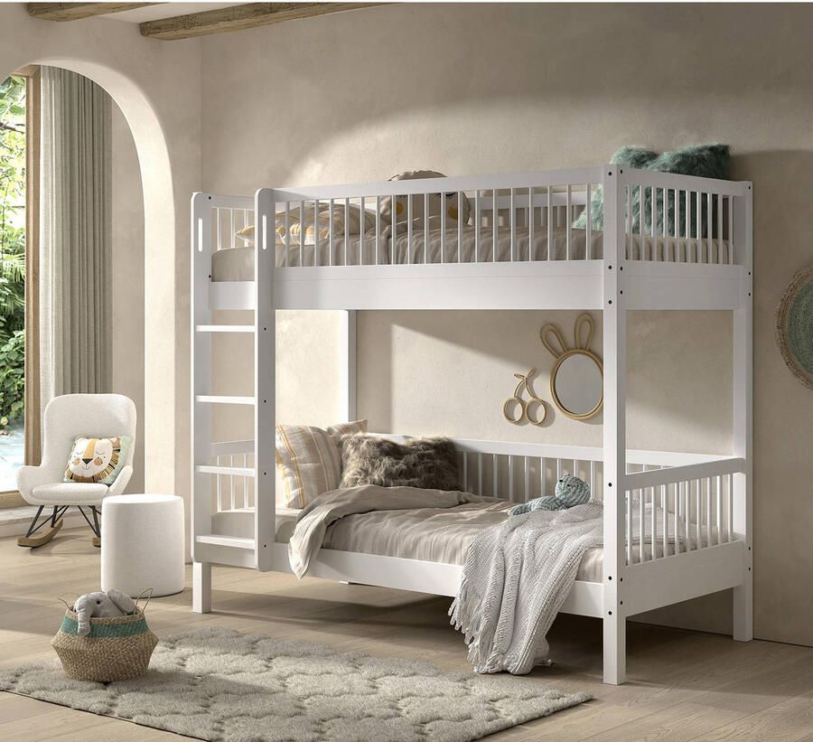 Vipack EMOB Stapelbed Forrest 90x200cm massief beukenhout wit Stapelbedden volwassenen Wit Hout Stapelbedden volwassenen Eenpersoons Stapelbed Op voorraad