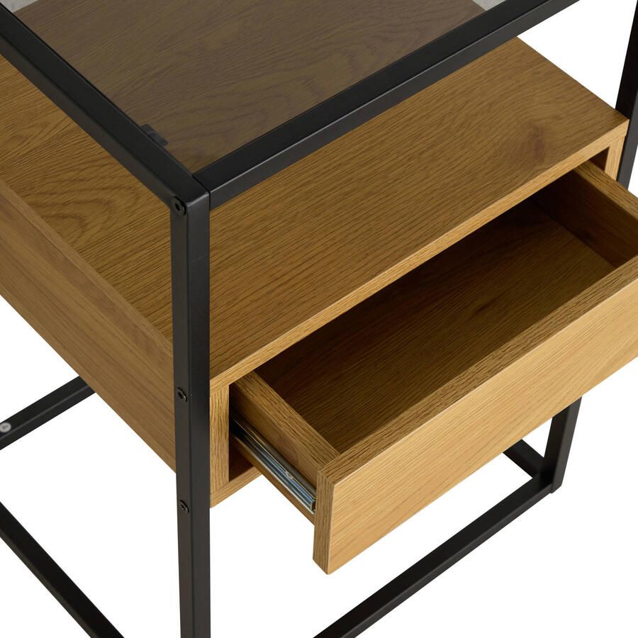 Hioshop Ralf nachtkastje 1 plank 1 lade glas rookkleurig wild eik decor. - Foto 4