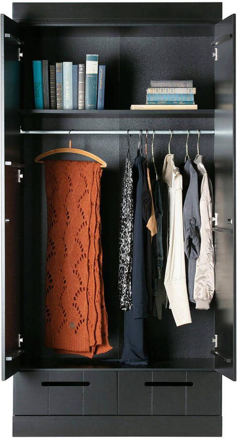 WOOOD Connect Kledingkast 2-Deurs met Lade- Grenen Zwart 195x94x53